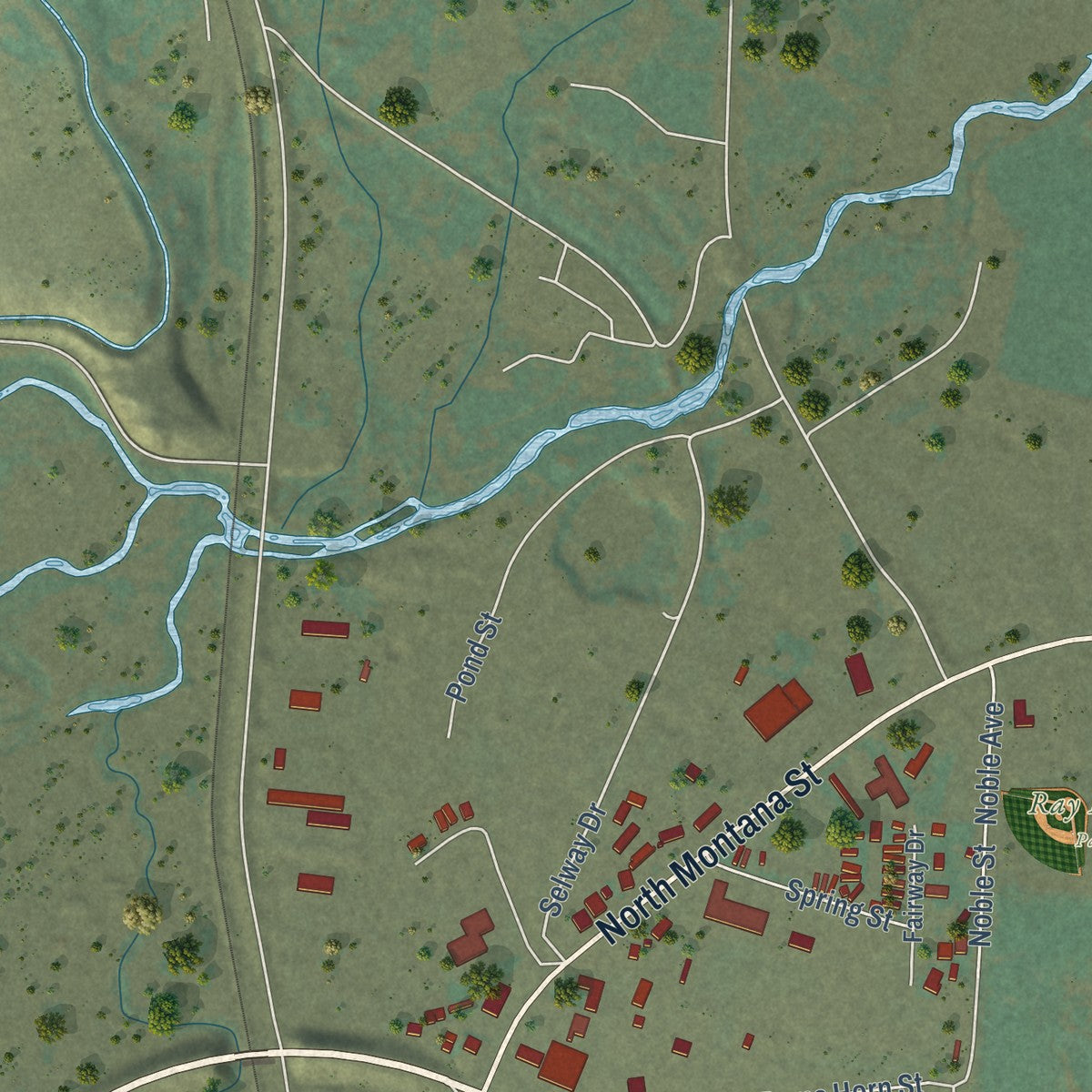 Second close-up of the map of Dillon, Montana print showing more streets and buildings