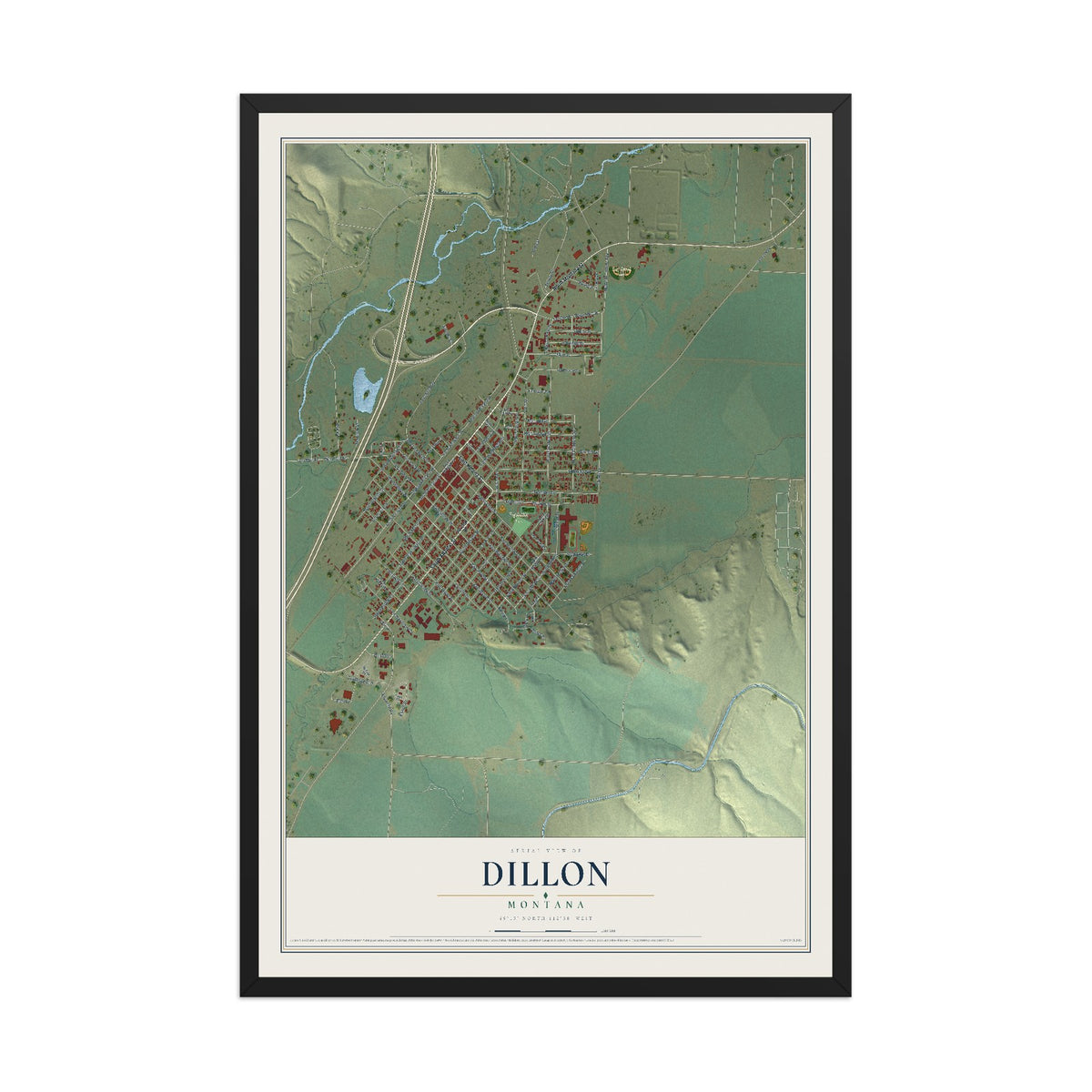 Map of Dillon, Montana, 12 x 18 inch print in a black wood frame