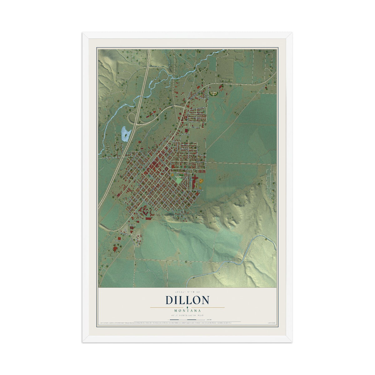 Map of Dillon, Montana, 12 x 18 inch print in a white wood frame