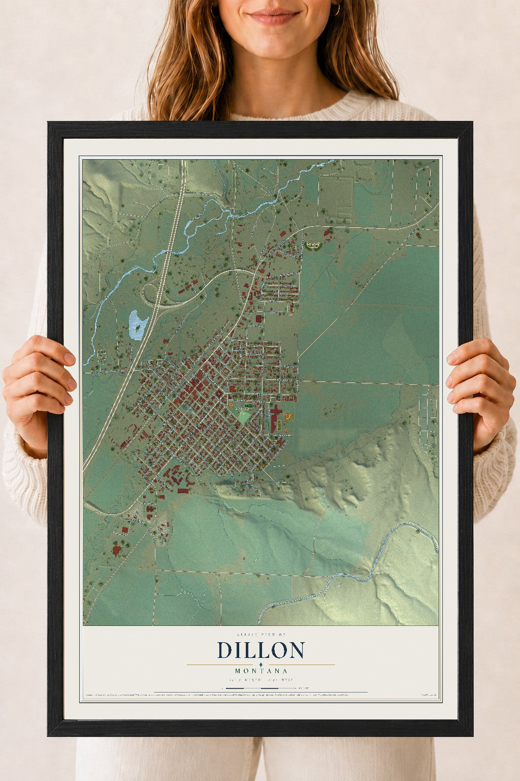 Map of Dillon, Montana, 18 x 24 inch print in a black wood frame