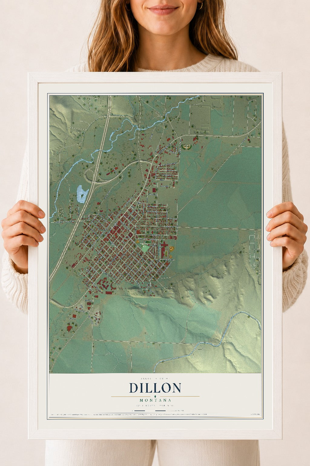 Map of Dillon, Montana, 18 x 24 inch print in a white wood frame