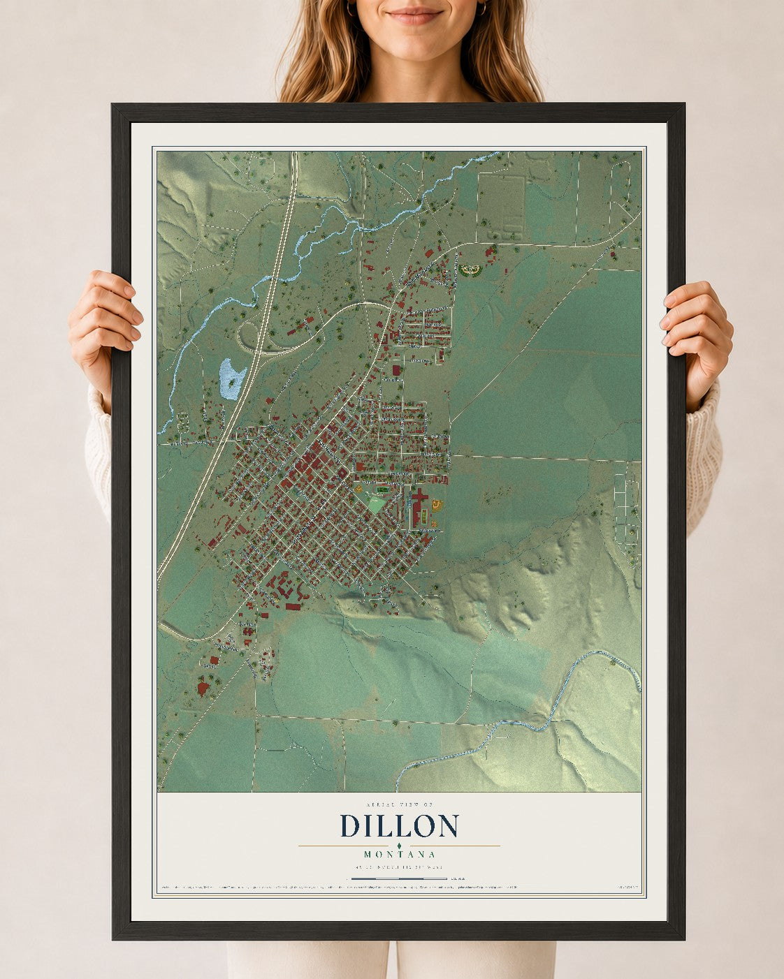 Map of Dillon, Montana, 24 x 36 inch print in a black wood frame