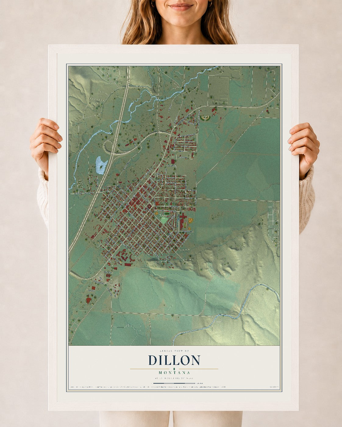 Map of Dillon, Montana, 24 x 36 inch print in a white wood frame