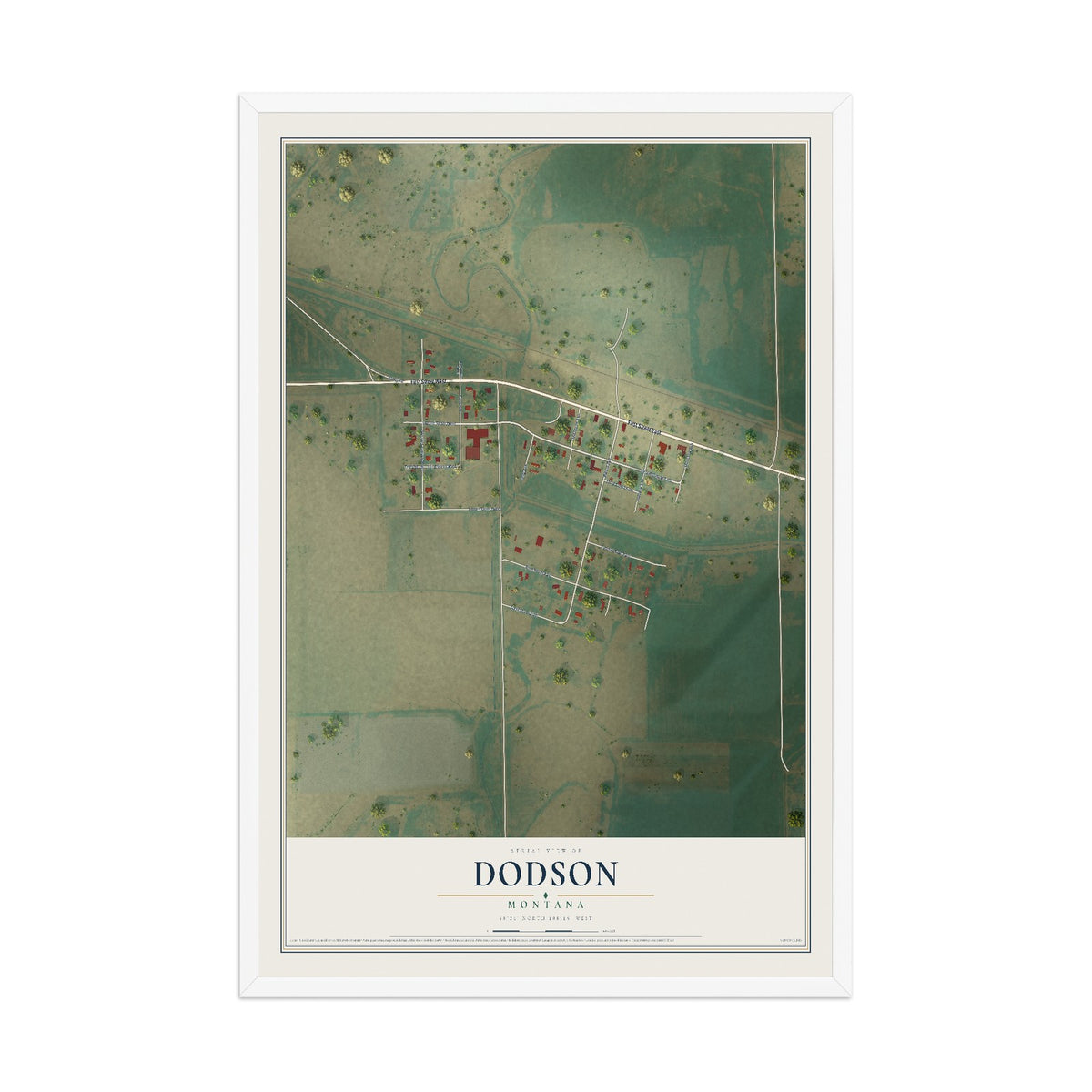 Map of Dodson, Montana, 12 x 18 inch print in a white wood frame