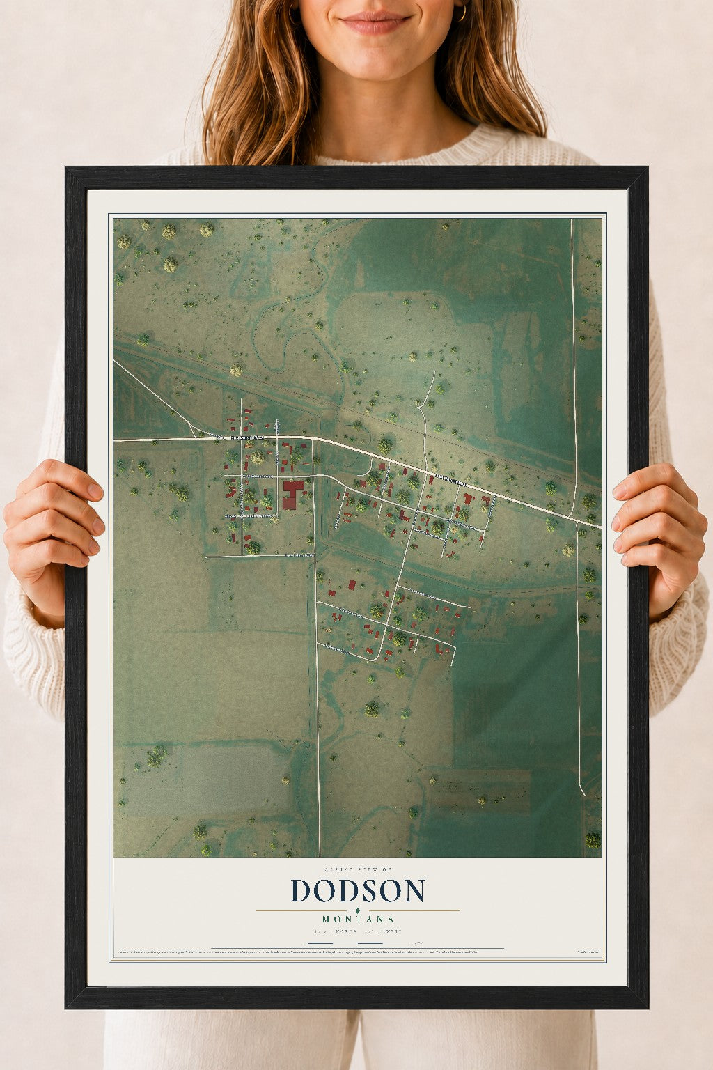 Map of Dodson, Montana, 18 x 24 inch print in a black wood frame