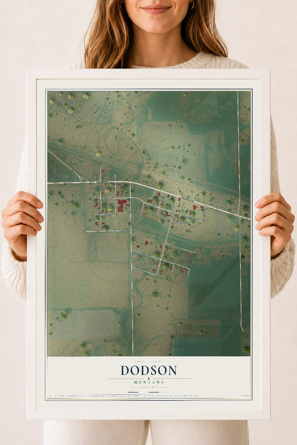 Map of Dodson, Montana, 18 x 24 inch print in a white wood frame