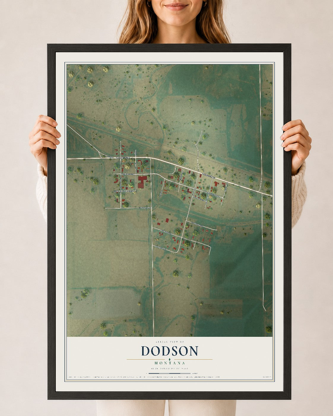 Map of Dodson, Montana, 24 x 36 inch print in a black wood frame