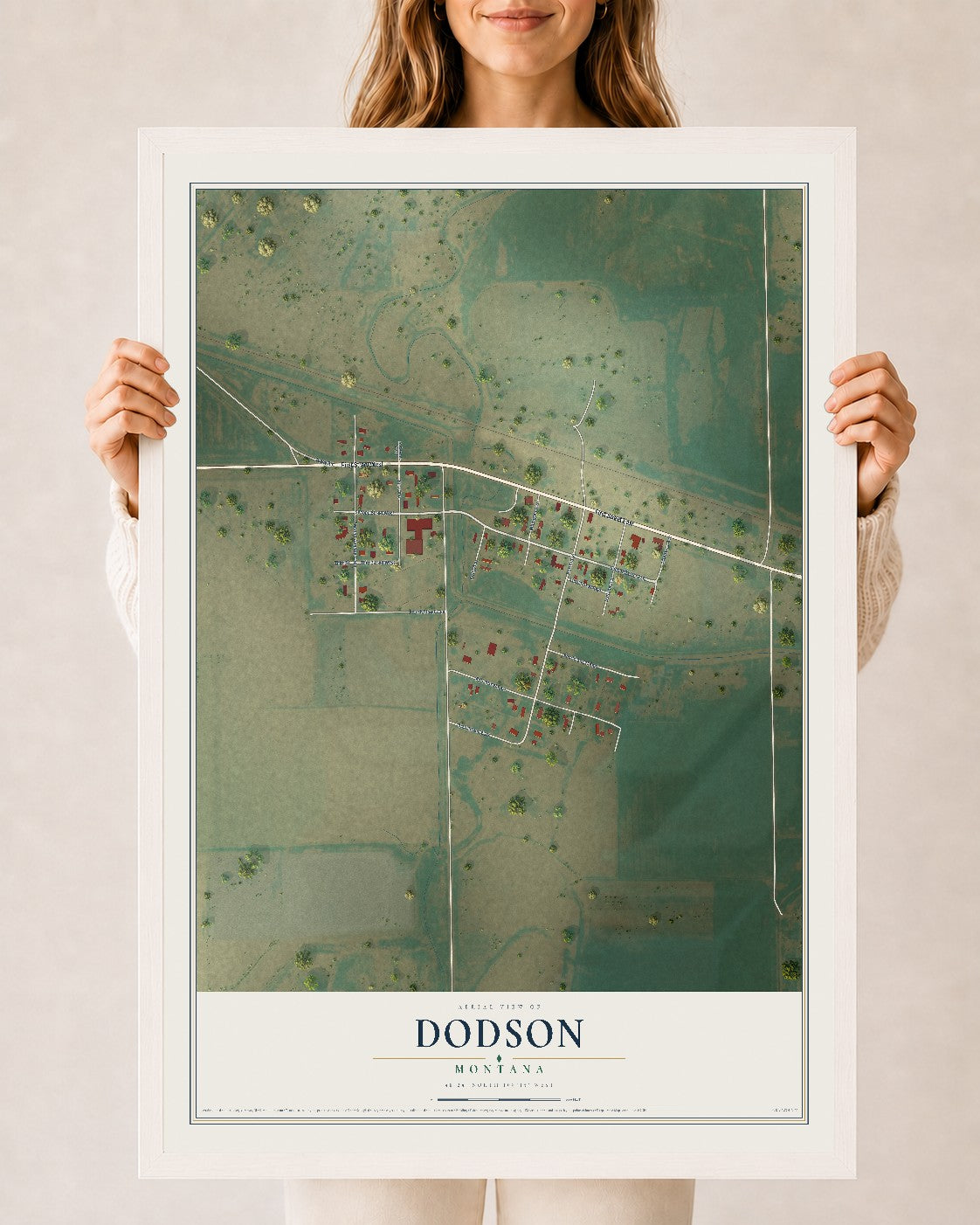 Map of Dodson, Montana, 24 x 36 inch print in a white wood frame