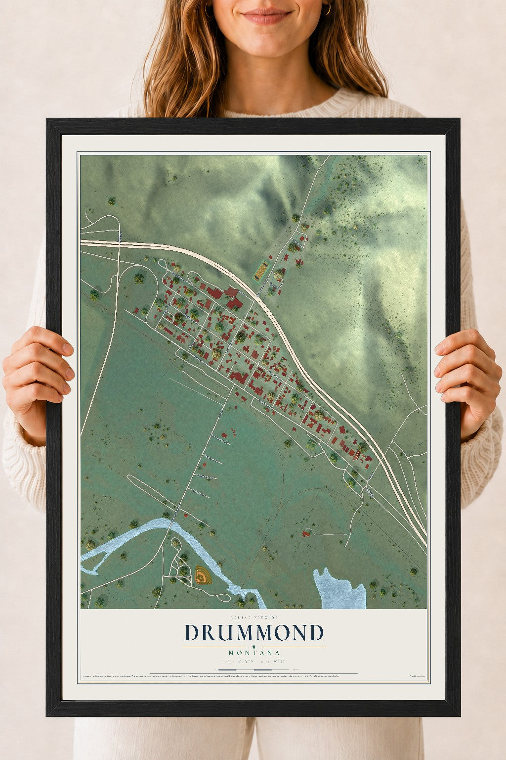 Map of Drummond, Montana, 18 x 24 inch print in a black wood frame