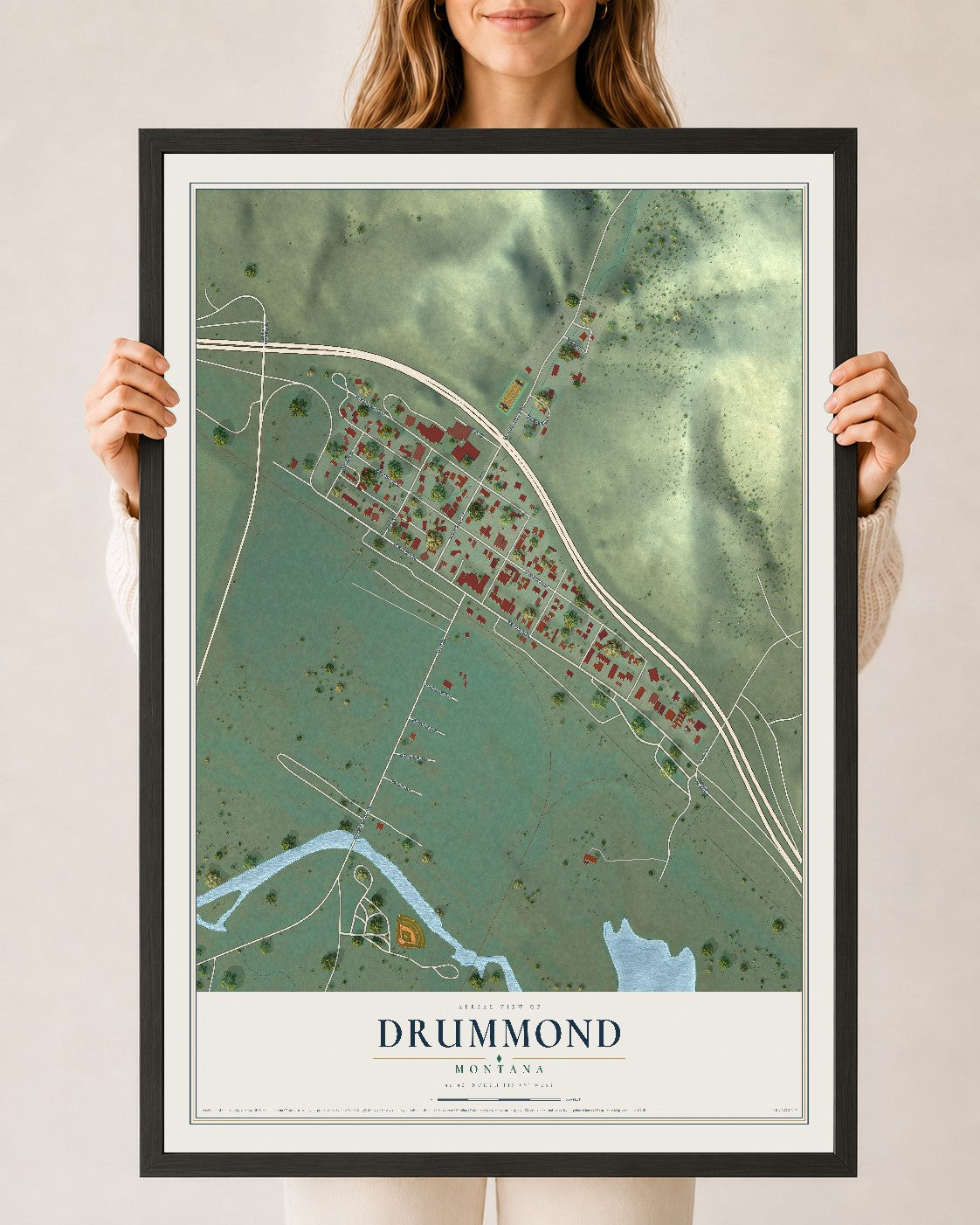 Map of Drummond, Montana, 24 x 36 inch print in a black wood frame