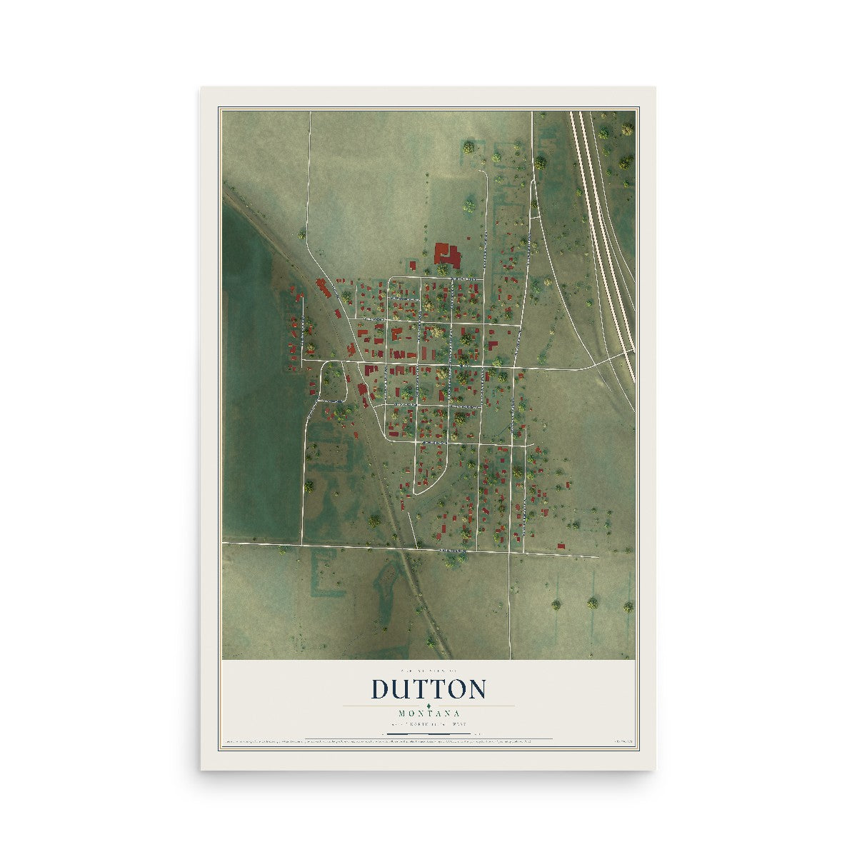 Map of Dutton, Montana, 12 x 18 inch unframed archival matte print