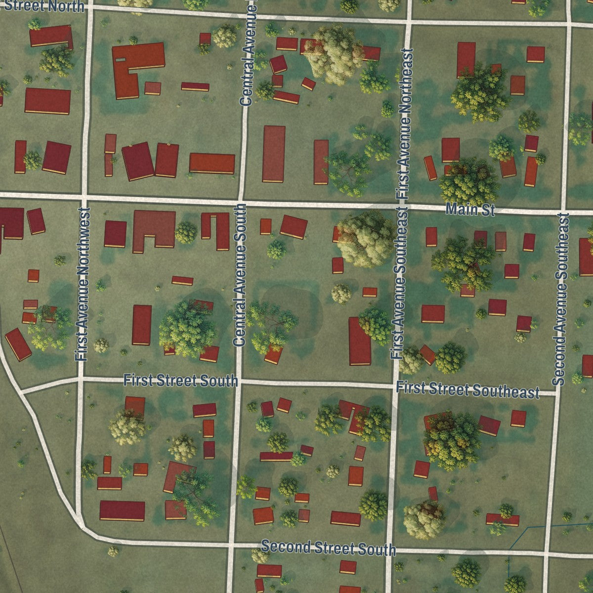 Close-up of the map of Dutton, Montana print showing street and building detail