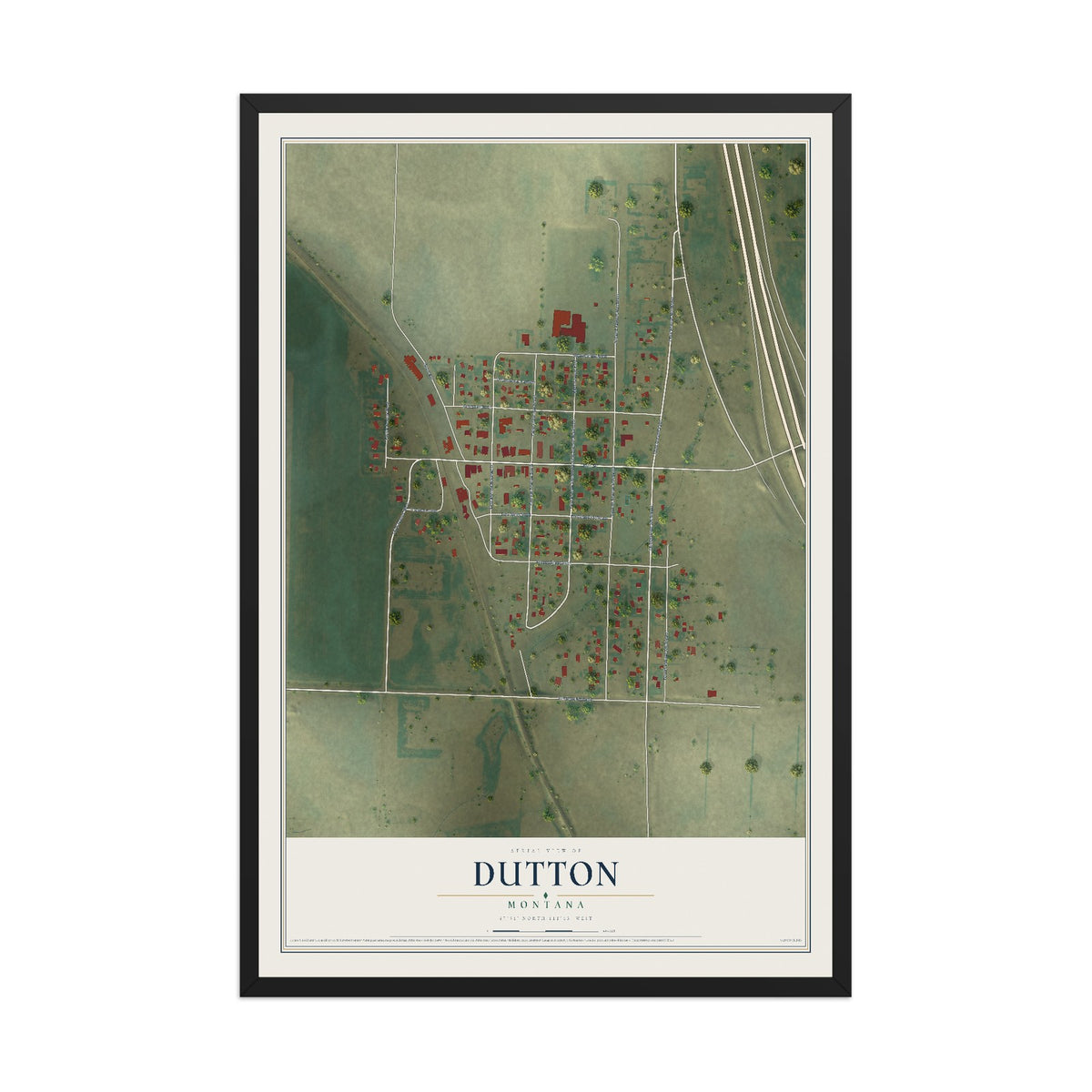 Map of Dutton, Montana, 12 x 18 inch print in a black wood frame