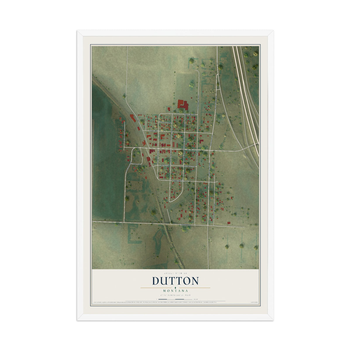 Map of Dutton, Montana, 12 x 18 inch print in a white wood frame