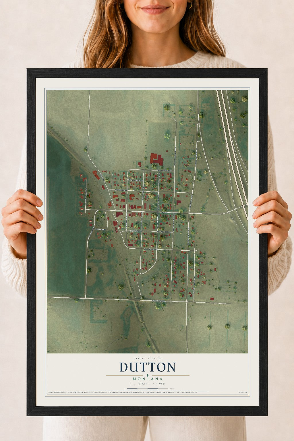 Map of Dutton, Montana, 18 x 24 inch print in a black wood frame
