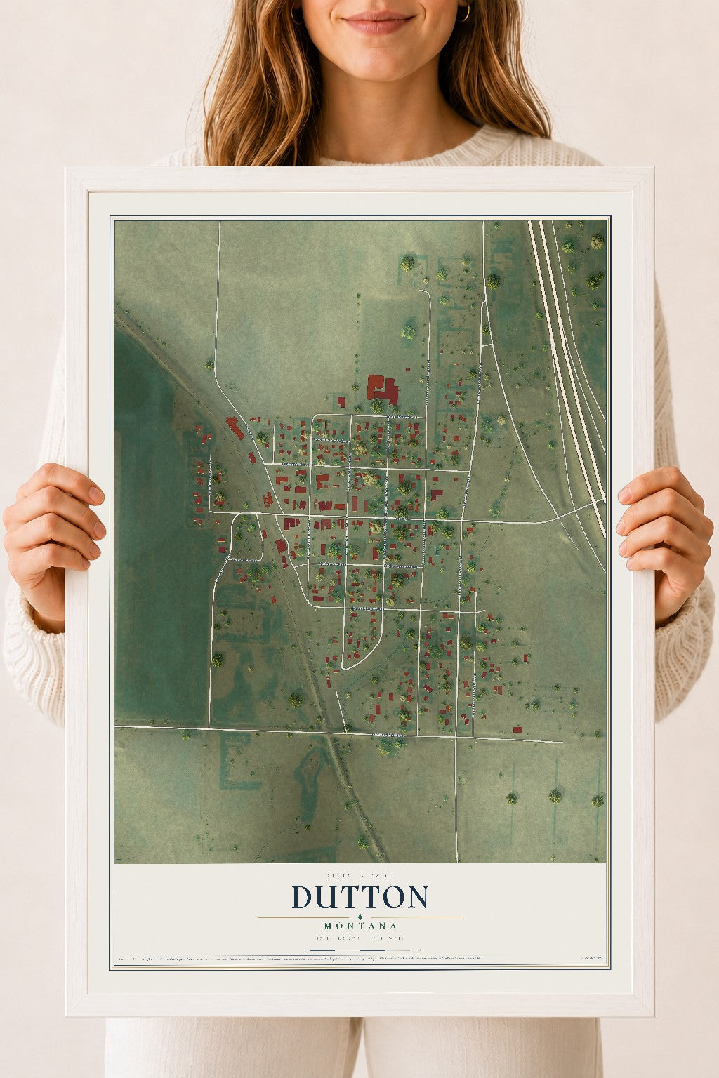 Map of Dutton, Montana, 18 x 24 inch print in a white wood frame