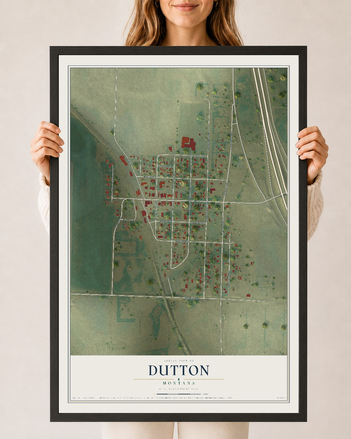 Map of Dutton, Montana, 24 x 36 inch print in a black wood frame