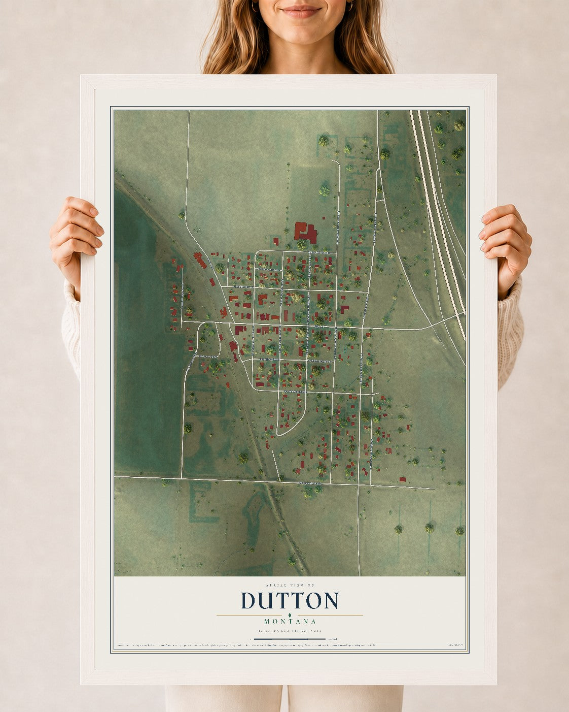 Map of Dutton, Montana, 24 x 36 inch print in a white wood frame