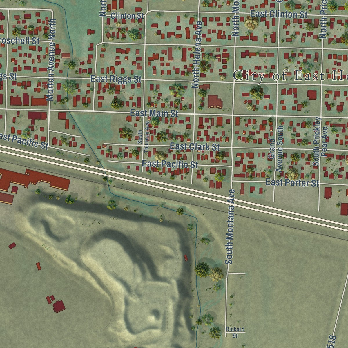 Close-up of the map of East Helena, Montana print showing street and building detail