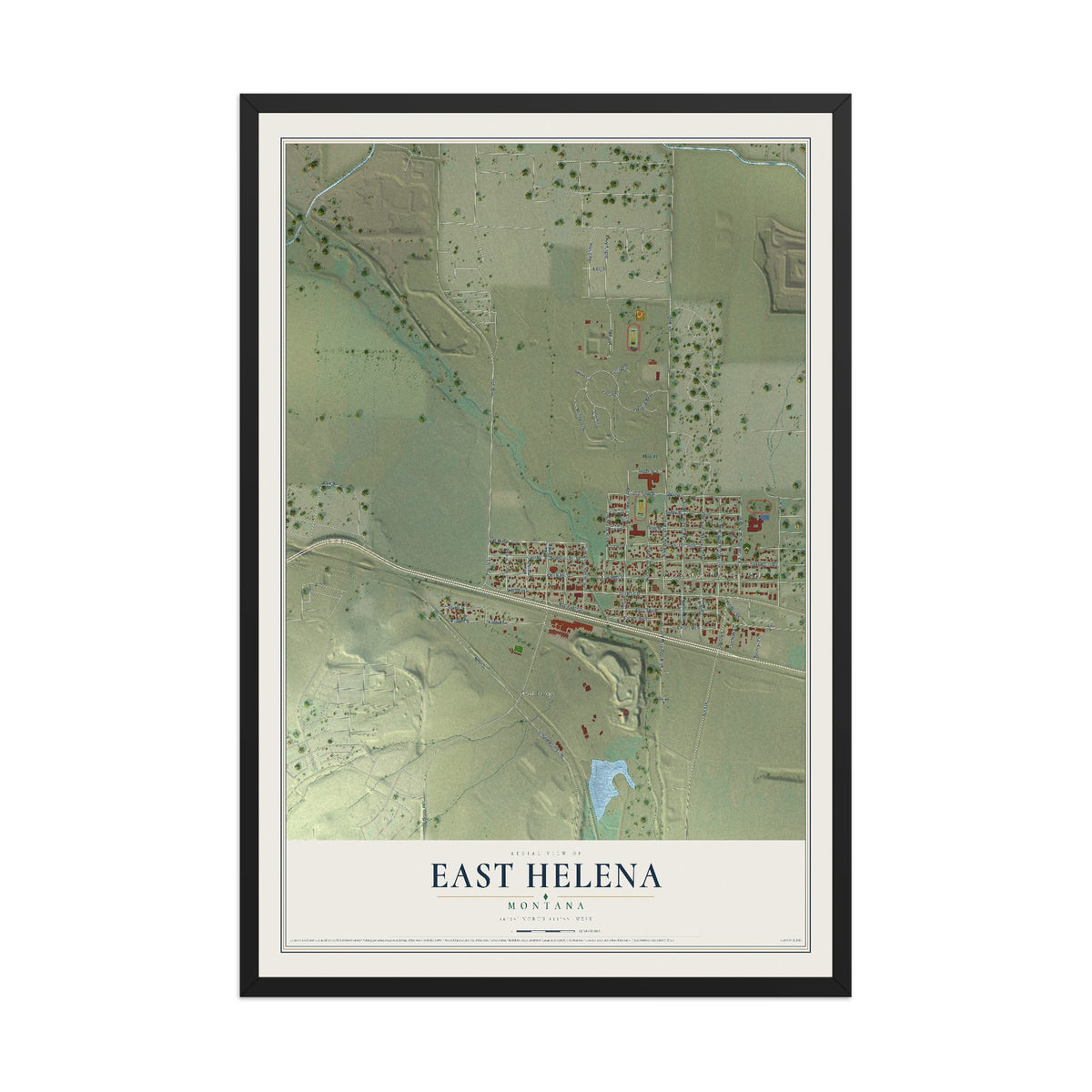 Map of East Helena, Montana, 12 x 18 inch print in a black wood frame