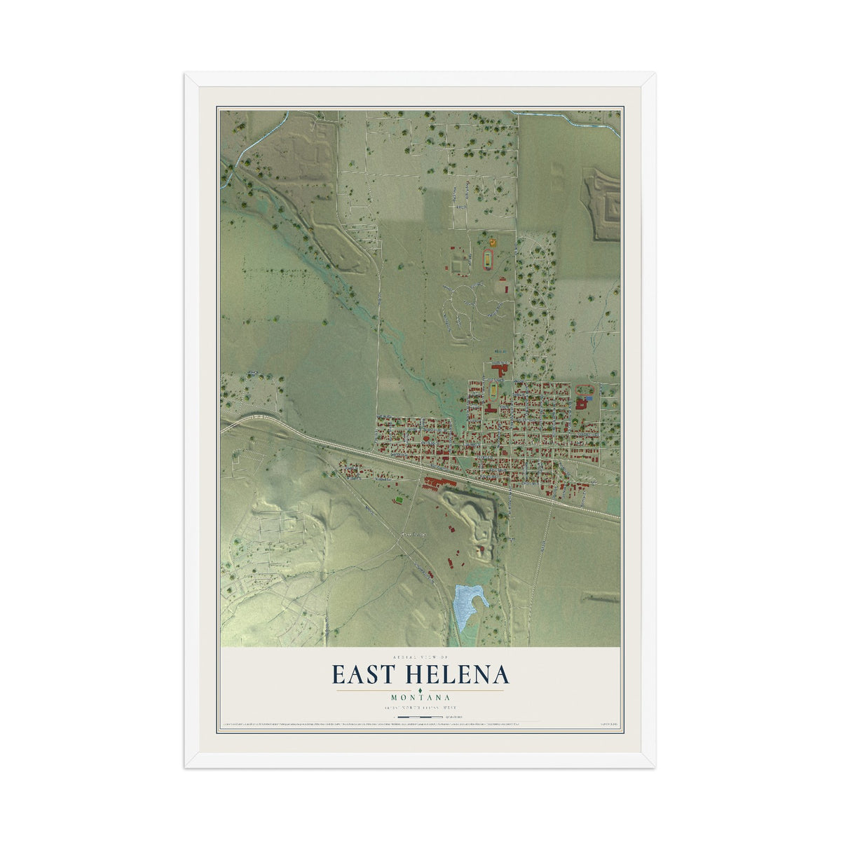 Map of East Helena, Montana, 12 x 18 inch print in a white wood frame