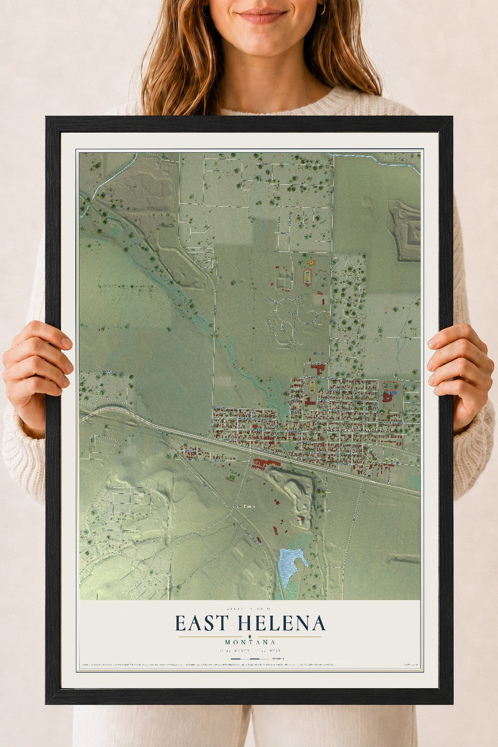 Map of East Helena, Montana, 18 x 24 inch print in a black wood frame
