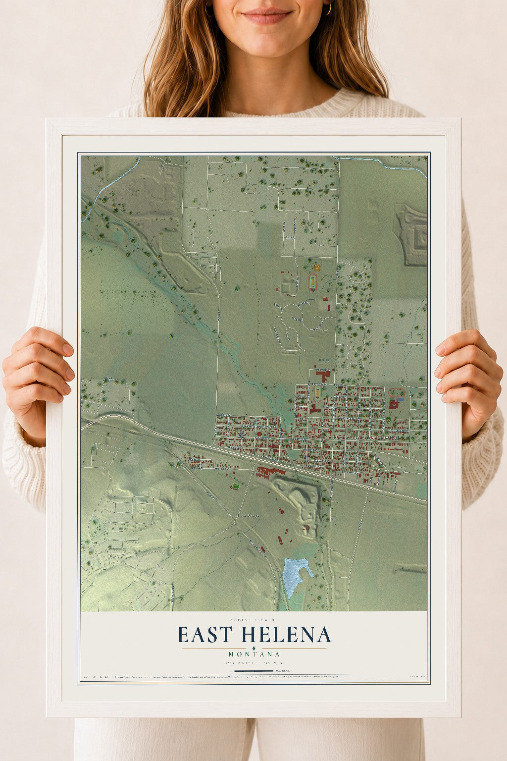 Map of East Helena, Montana, 18 x 24 inch print in a white wood frame