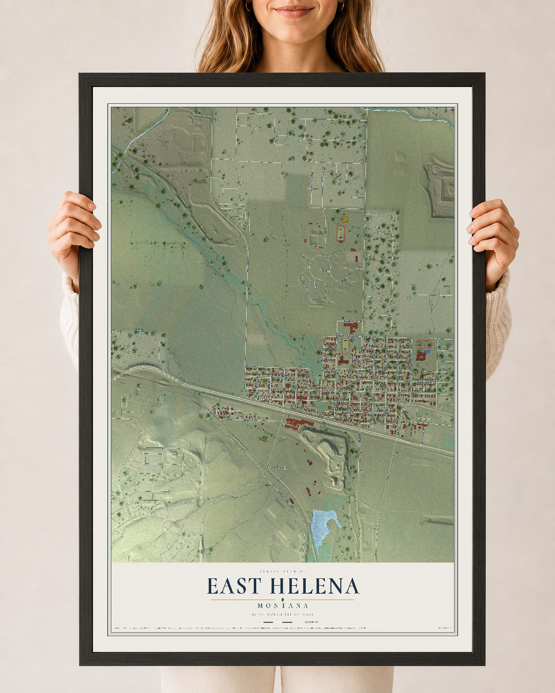 Map of East Helena, Montana, 24 x 36 inch print in a black wood frame