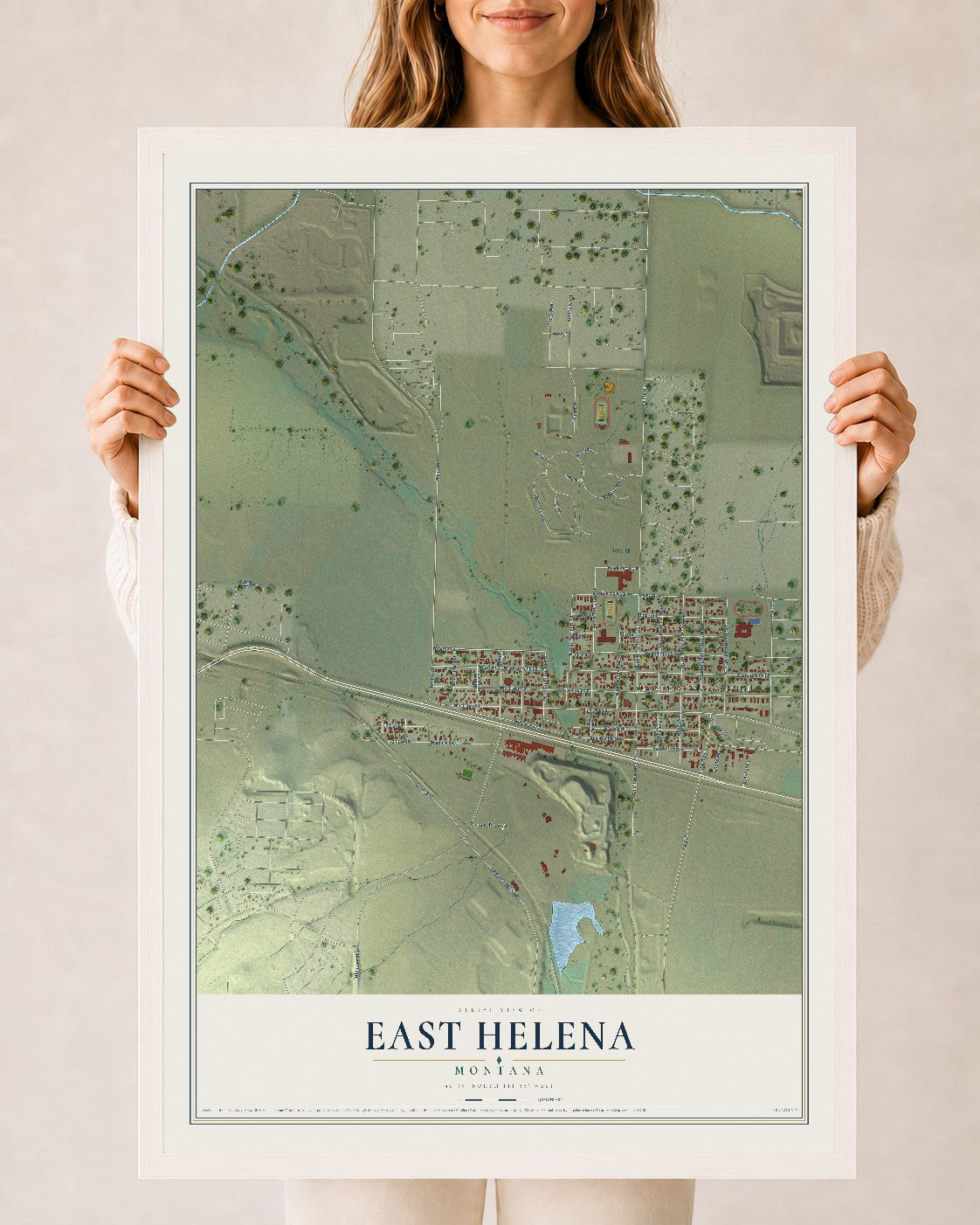Map of East Helena, Montana, 24 x 36 inch print in a white wood frame