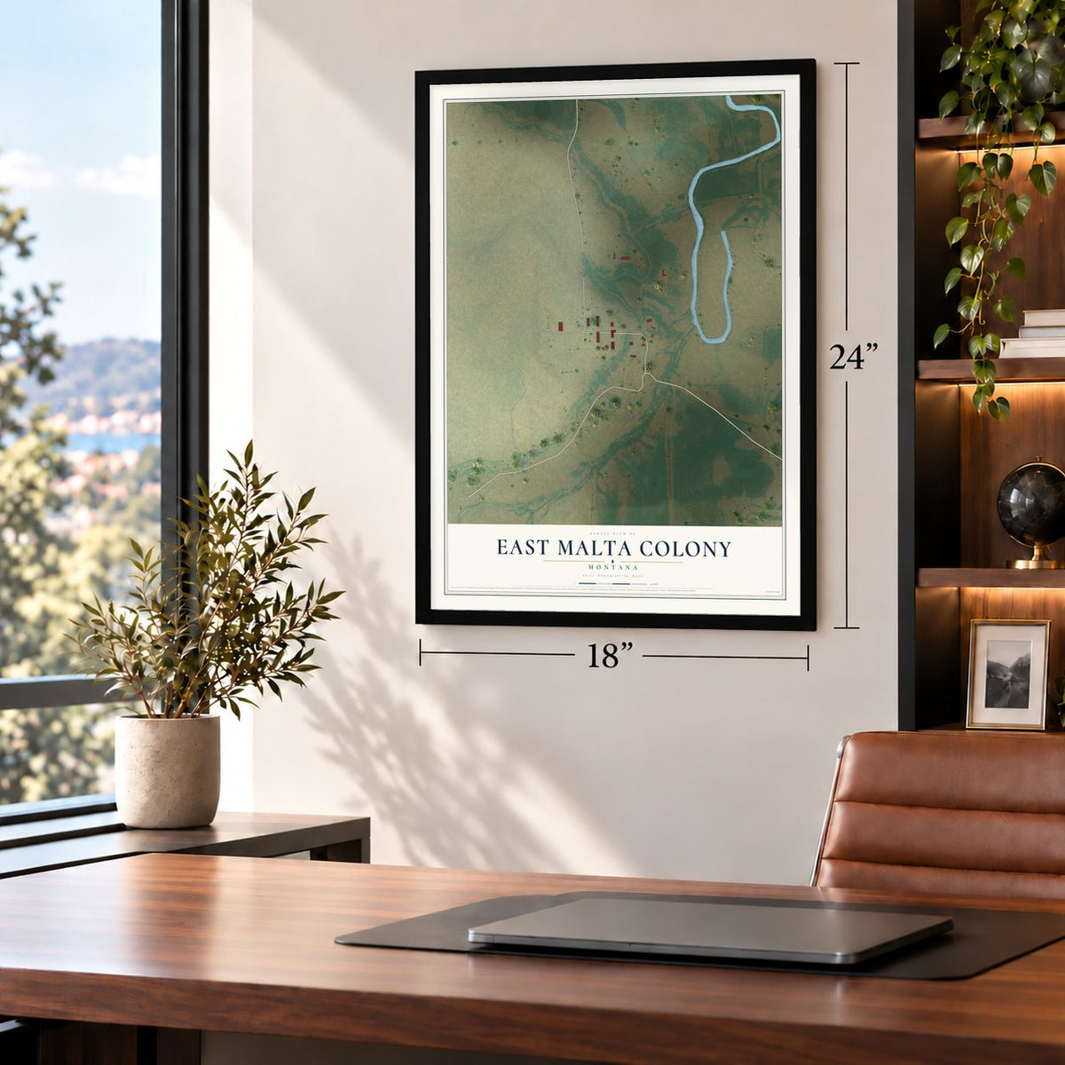 East Malta Colony, Montana map, 18 x 24 inch print in a black frame in a home office