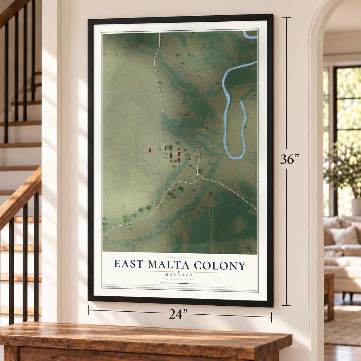 East Malta Colony, Montana map, 24 x 36 inch print in a black frame by a staircase