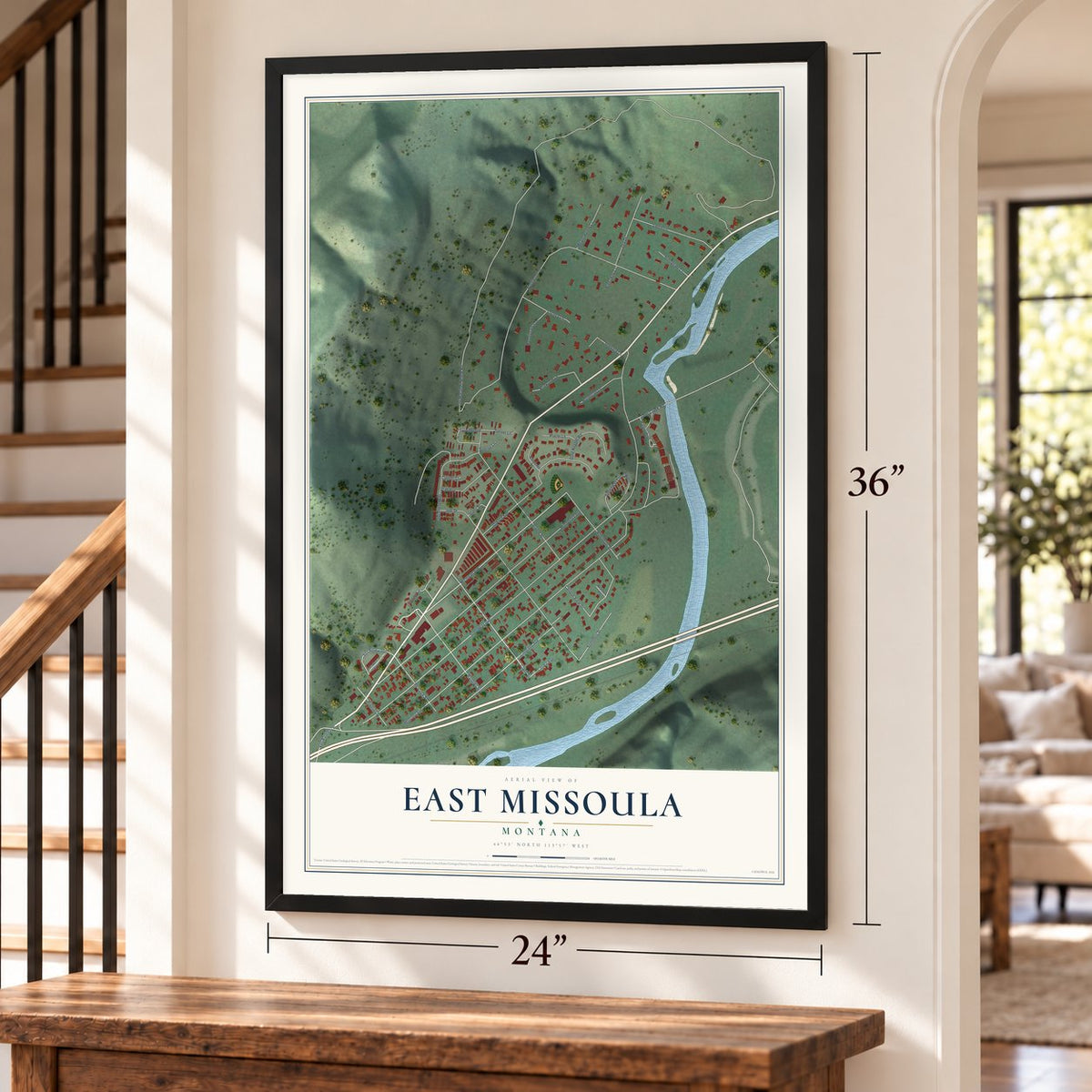 East Missoula, Montana map, 24 x 36 inch print in a black frame by a staircase