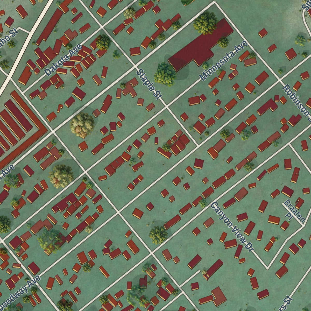 Close-up of the map of East Missoula, Montana print showing street and building detail