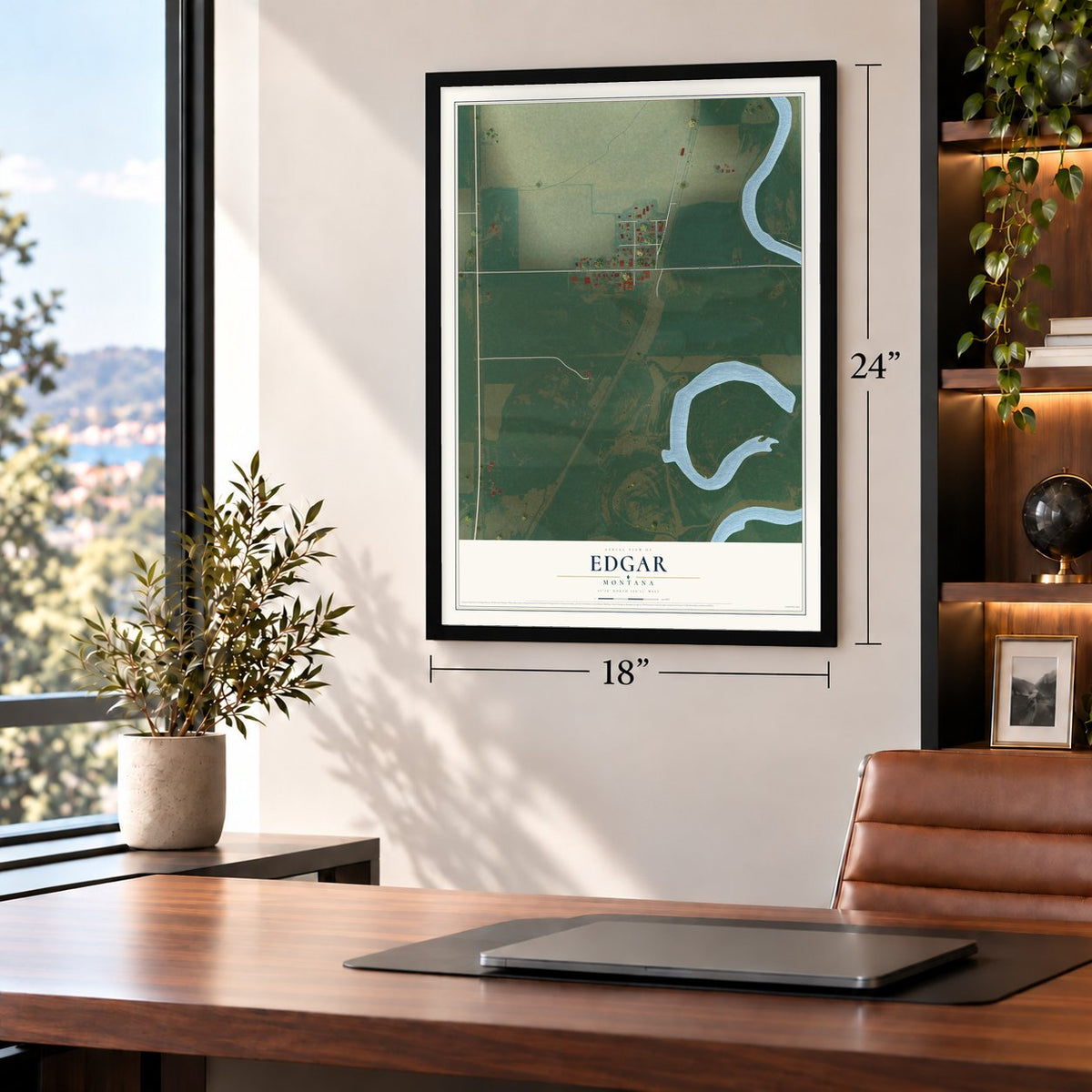 Edgar, Montana map, 18 x 24 inch print in a black frame in a home office