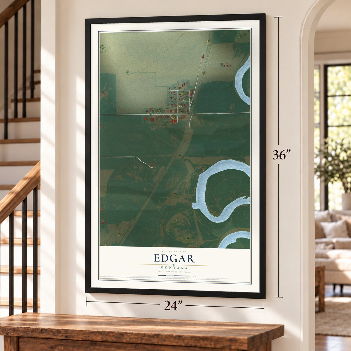 Edgar, Montana map, 24 x 36 inch print in a black frame by a staircase
