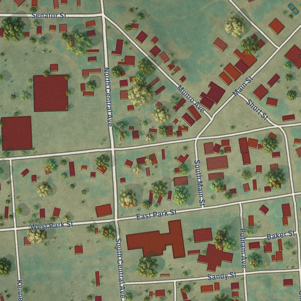 Close-up of the map of Ekalaka, Montana print showing street and building detail