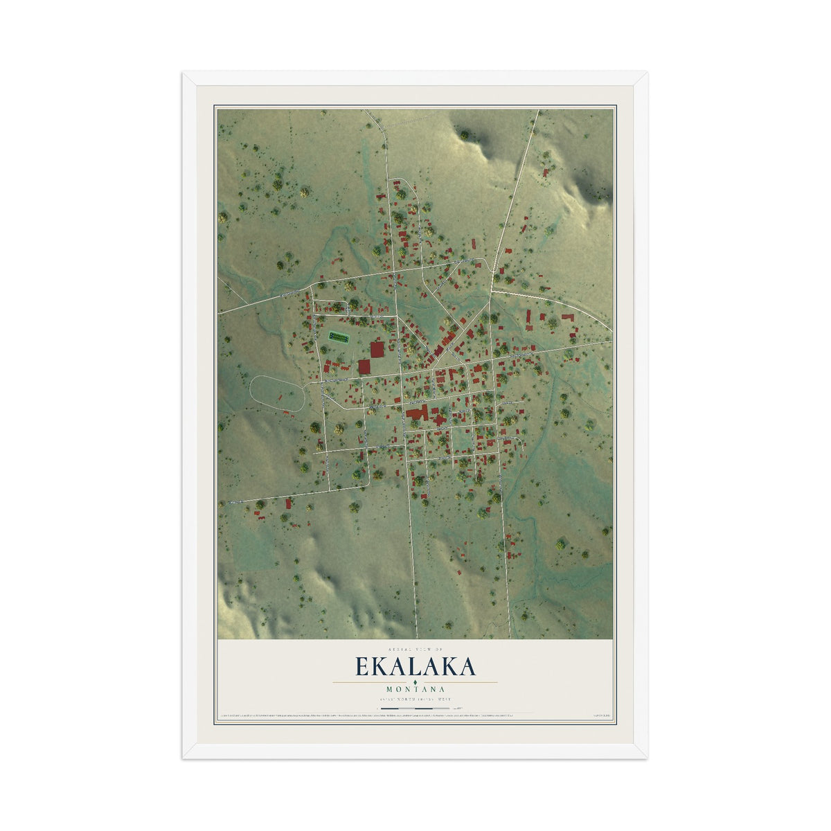 Map of Ekalaka, Montana, 12 x 18 inch print in a white wood frame