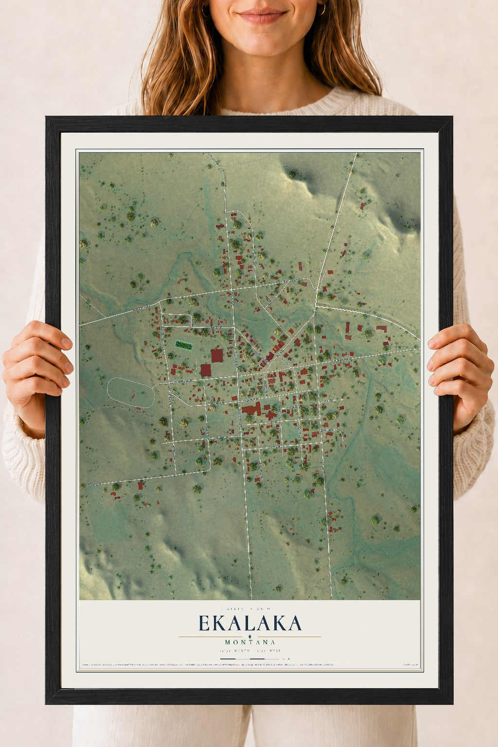 Map of Ekalaka, Montana, 18 x 24 inch print in a black wood frame
