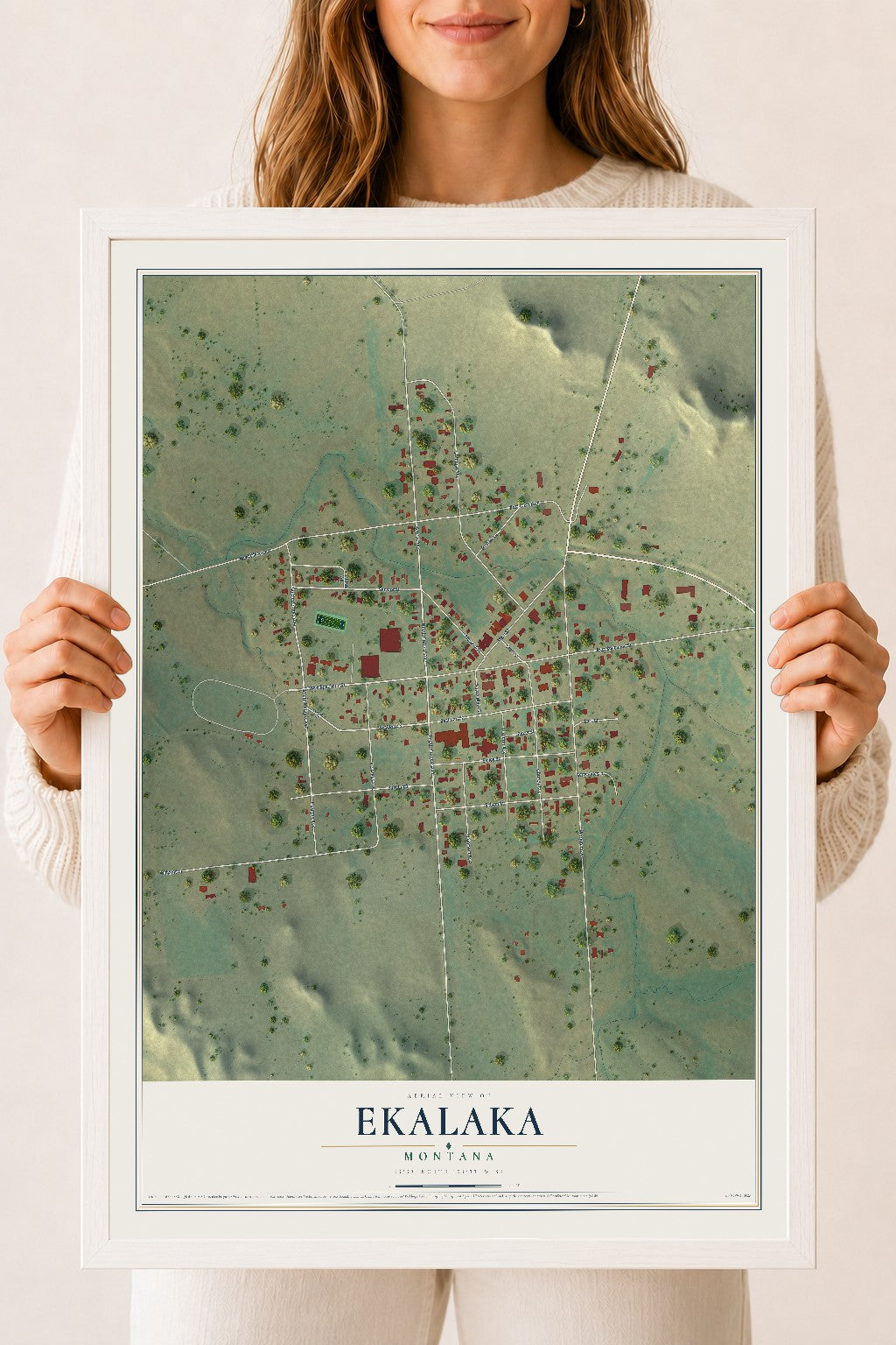 Map of Ekalaka, Montana, 18 x 24 inch print in a white wood frame