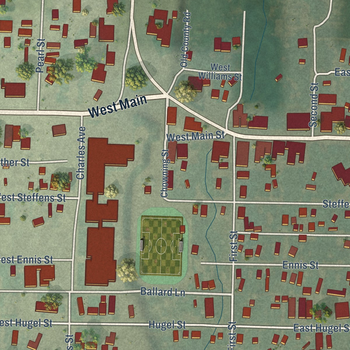Second close-up of the map of Ennis, Montana print showing more streets and buildings