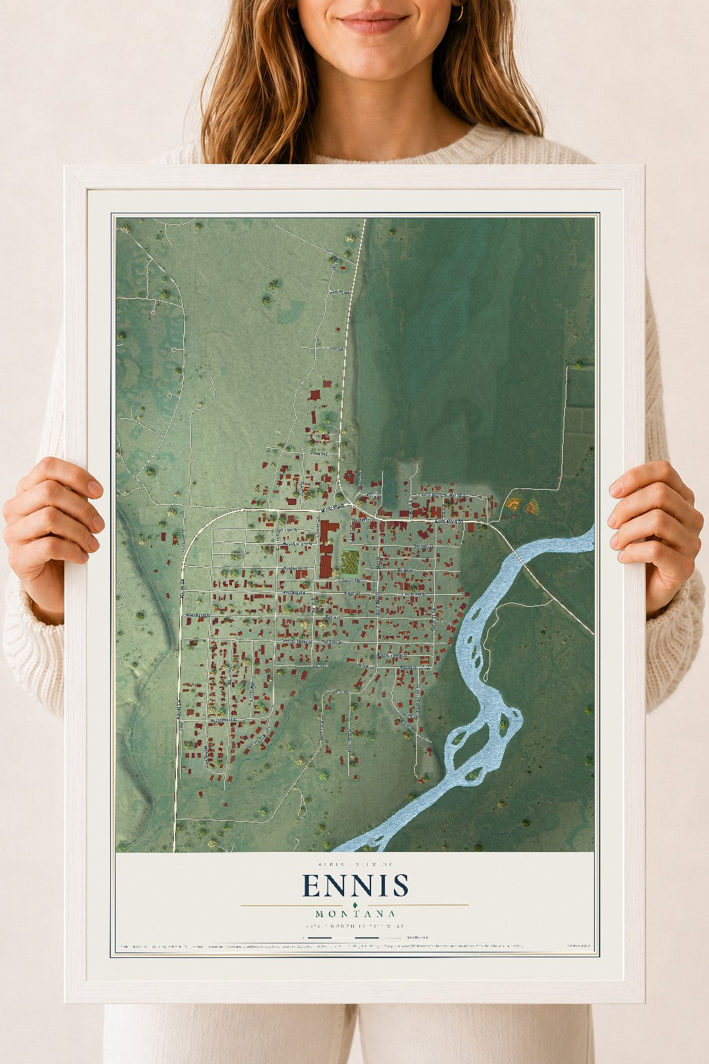 Map of Ennis, Montana, 18 x 24 inch print in a white wood frame