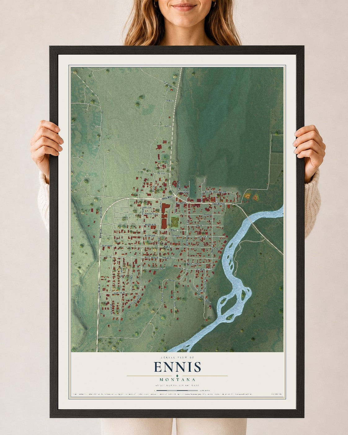 Map of Ennis, Montana, 24 x 36 inch print in a black wood frame