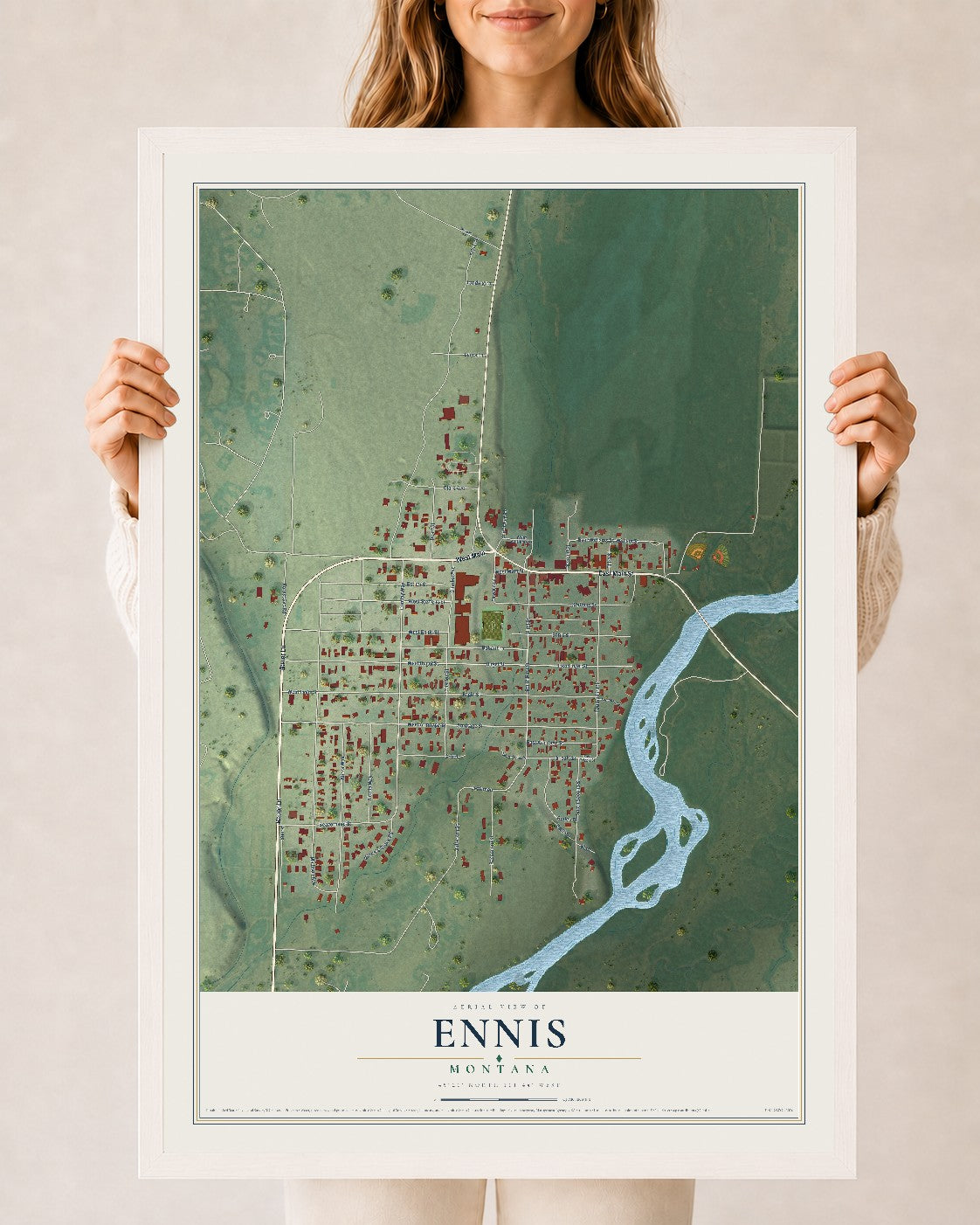 Map of Ennis, Montana, 24 x 36 inch print in a white wood frame