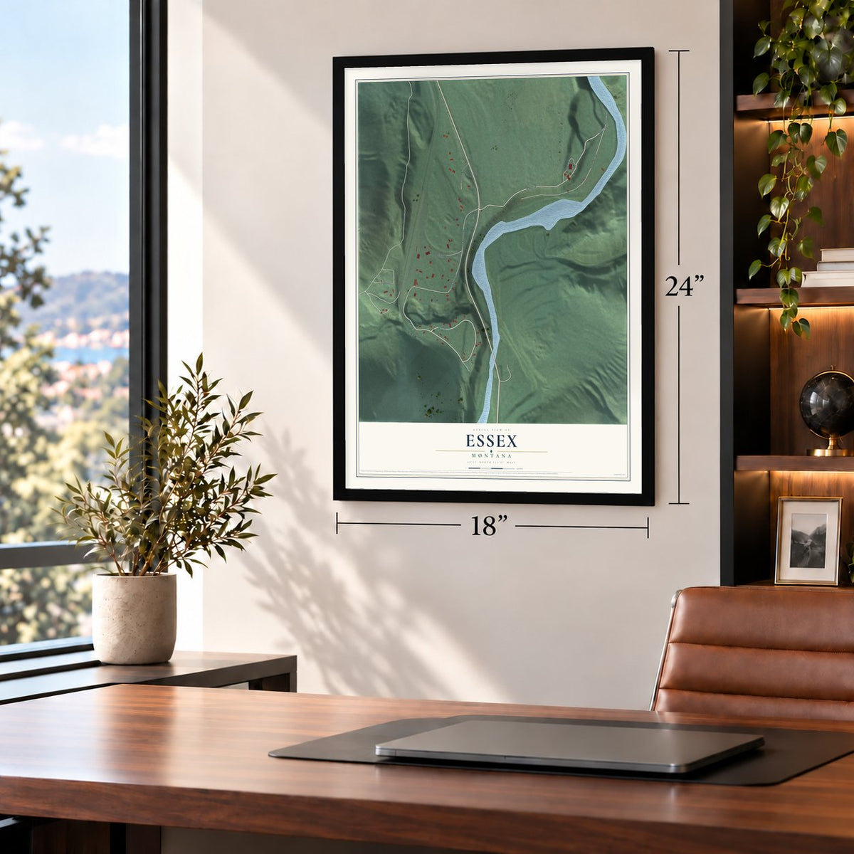 Essex, Montana map, 18 x 24 inch print in a black frame in a home office