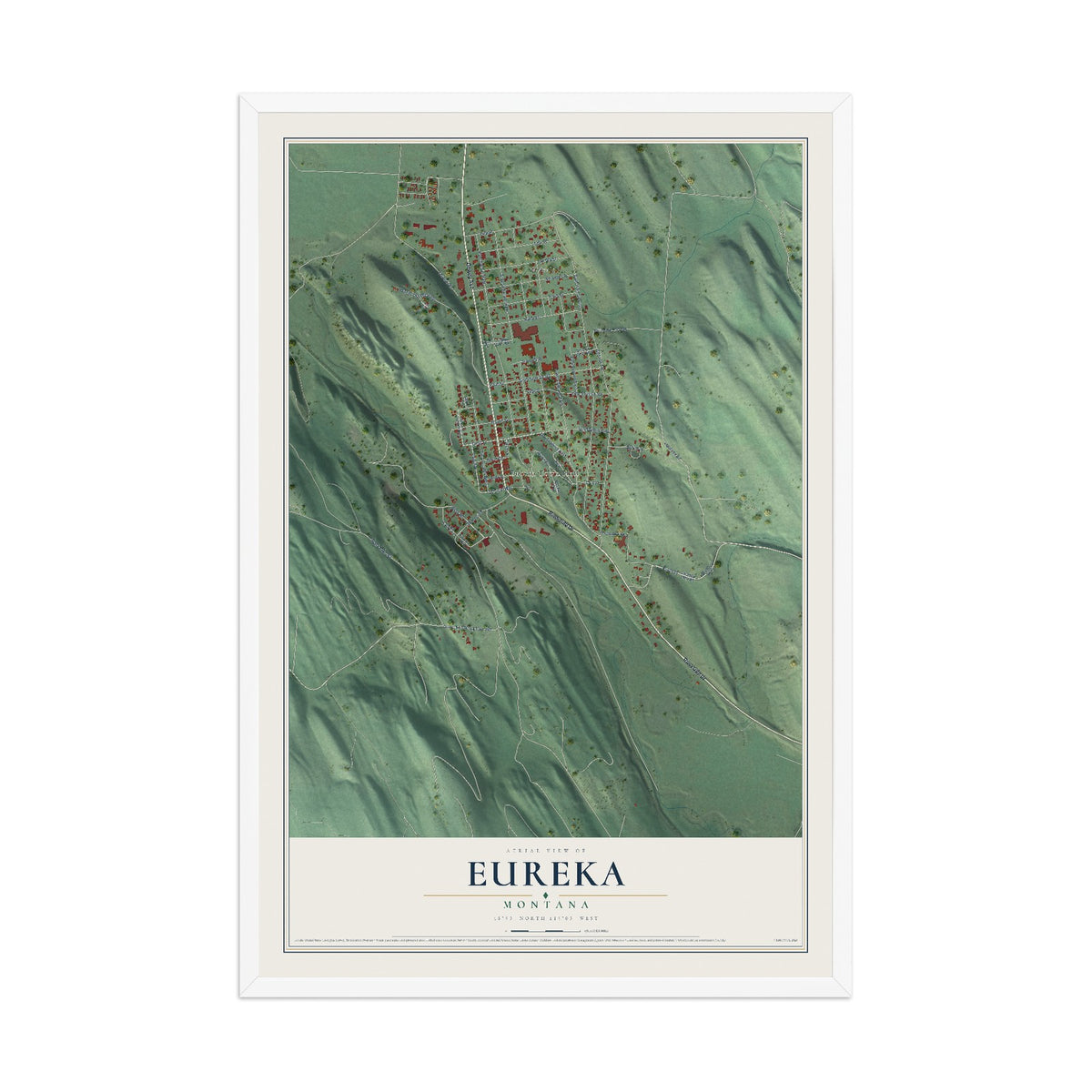 Map of Eureka, Montana, 12 x 18 inch print in a white wood frame