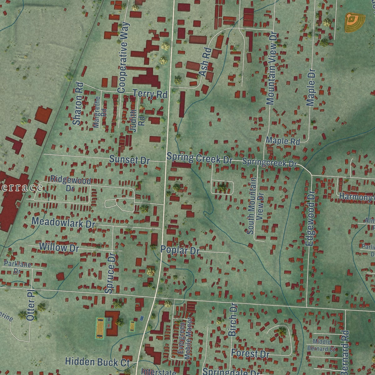 Close-up of the map of Evergreen, Montana print showing street and building detail