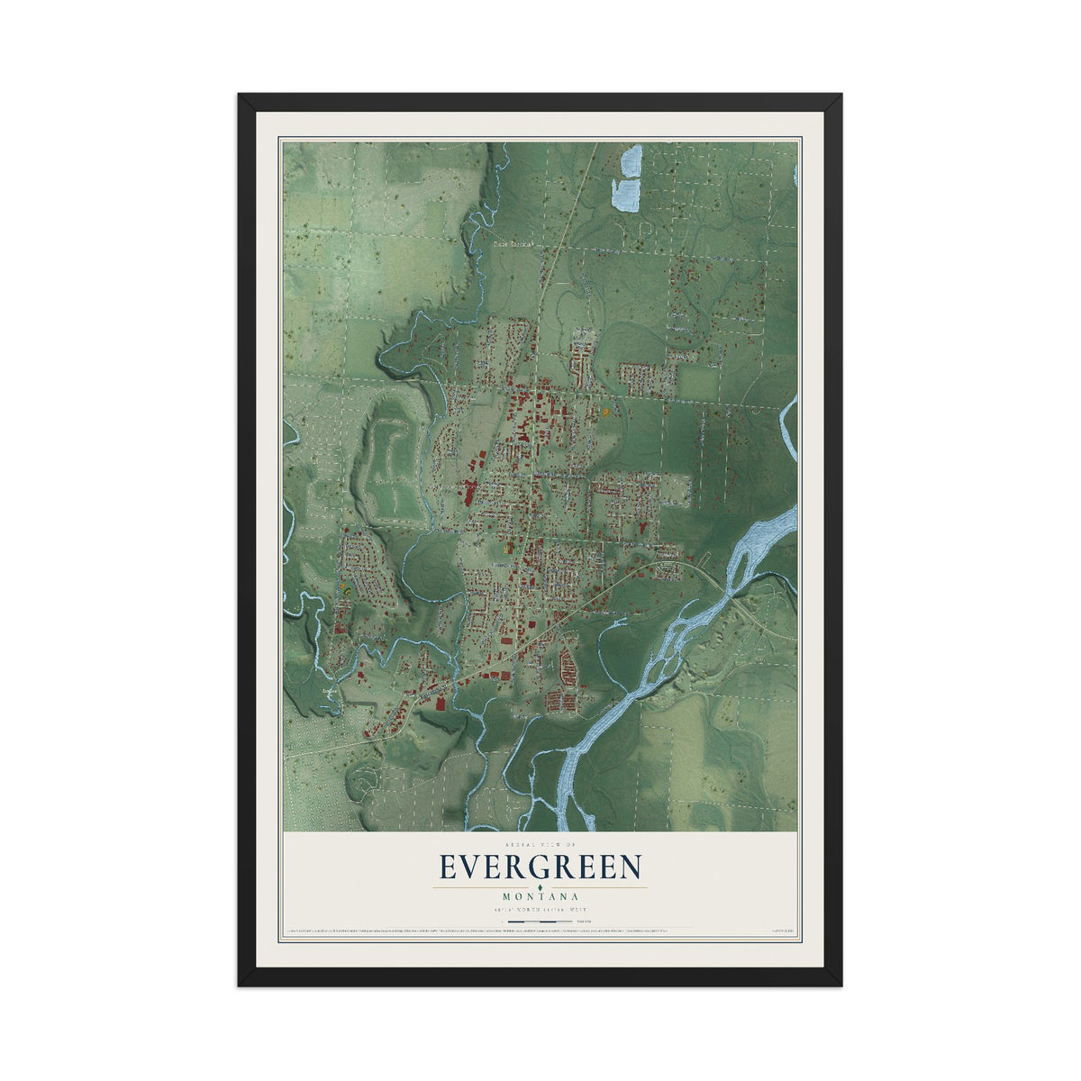 Map of Evergreen, Montana, 12 x 18 inch print in a black wood frame