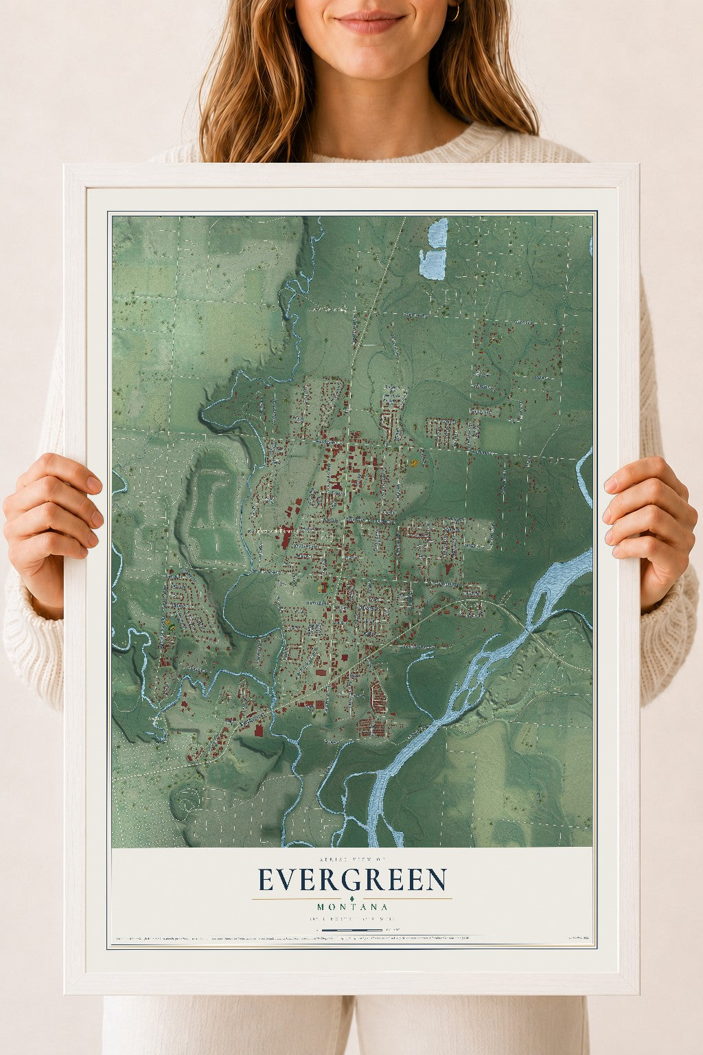 Map of Evergreen, Montana, 18 x 24 inch print in a white wood frame