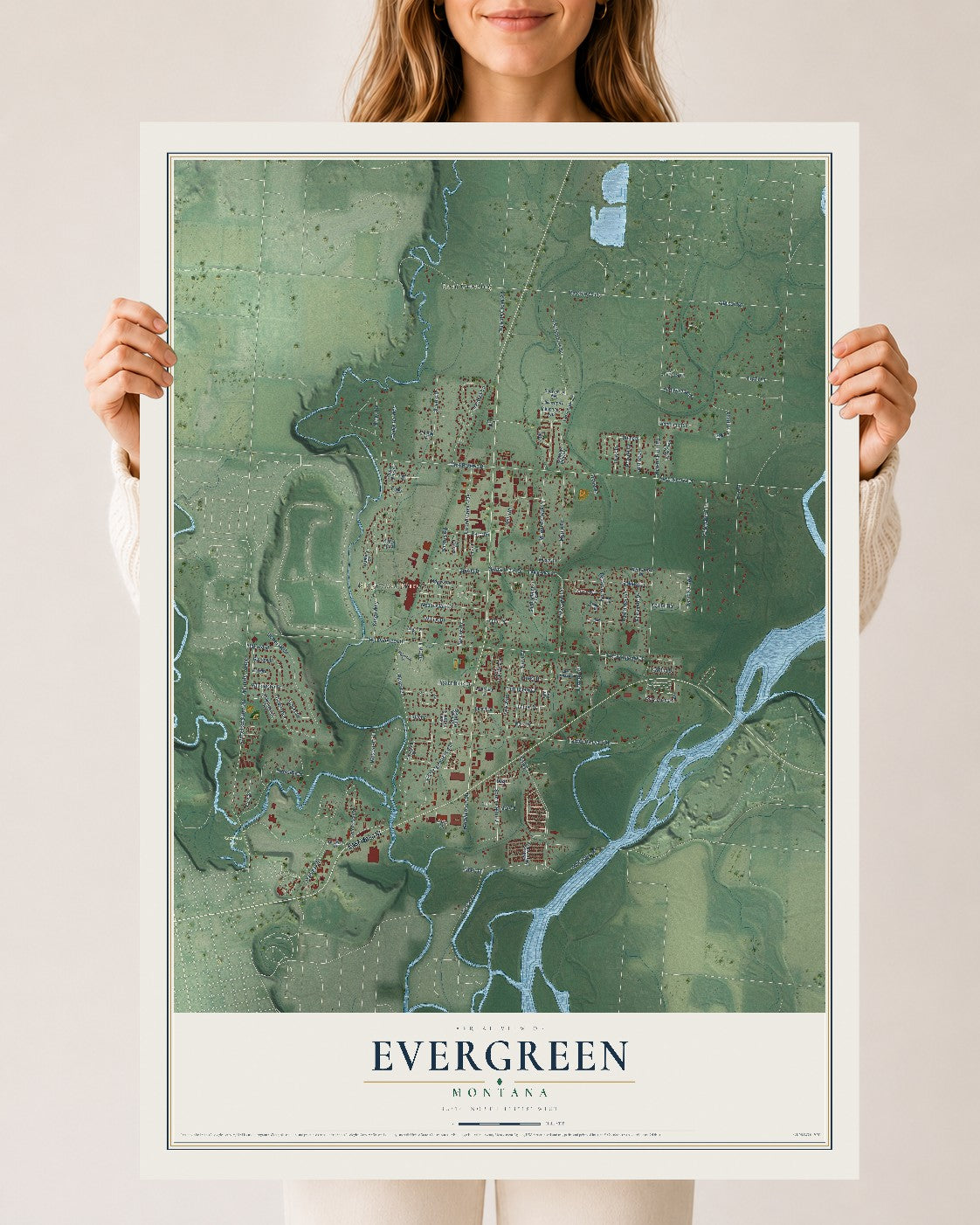 Map of Evergreen, Montana, 24 x 36 inch unframed archival matte print