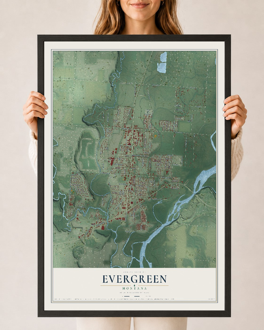 Map of Evergreen, Montana, 24 x 36 inch print in a black wood frame